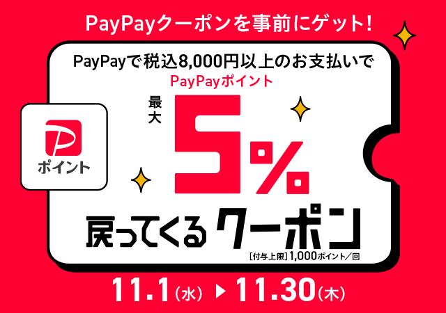 期間中PayPayを利用して1決済で8,000円以上（クーポン・ポイント値引き
