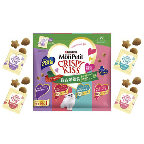 モンプチ クリスピーキッス バラエティパック 猫用おやつ 総合栄養食 キャット ニップ入り 4種の贅沢シーフード＆チキン味 288g【アウトレット】